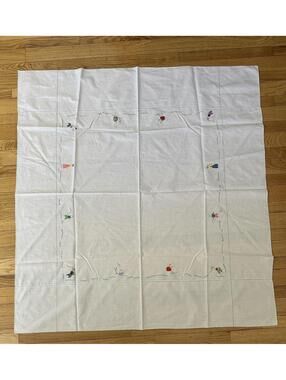 VTG 1950s Korean Embroidered Tablecloth 50x53 Cottagecore Farmhouse MCM